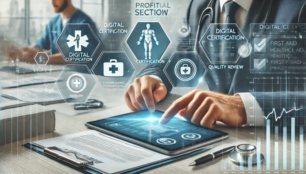 A training provider reviewing digital certifications on a tablet, with compliance checklists and official documents on a desk. In the background, a blurred first aid training session represents quality assurance and digital transformation in healthcare training.