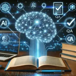 "A glowing AI brain hovers above an open book, with digital neural connections linking to a modern classroom, a laptop, and a QA checklist, symbolizing AI’s impact on education and quality assurance."